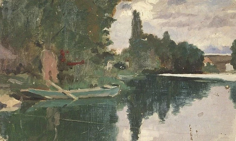 Paesaggio impressionista con figura vicino alla barca sulla riva del fiume